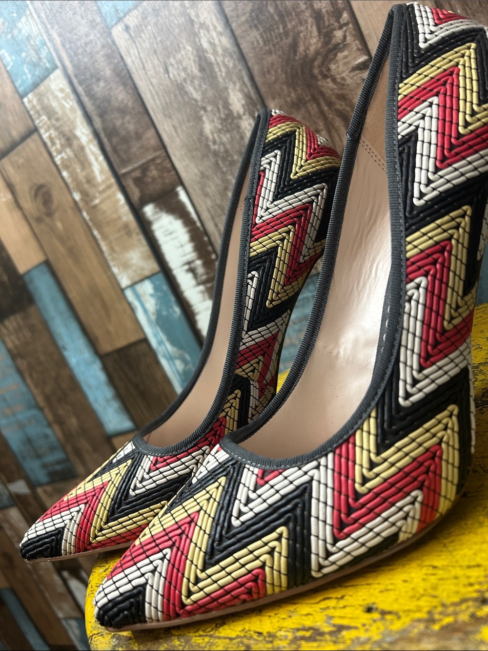 Madison Chevron Woven Pointed-Toe Stilettos in Red, Yellow, Black & White - Picture 5 of 15